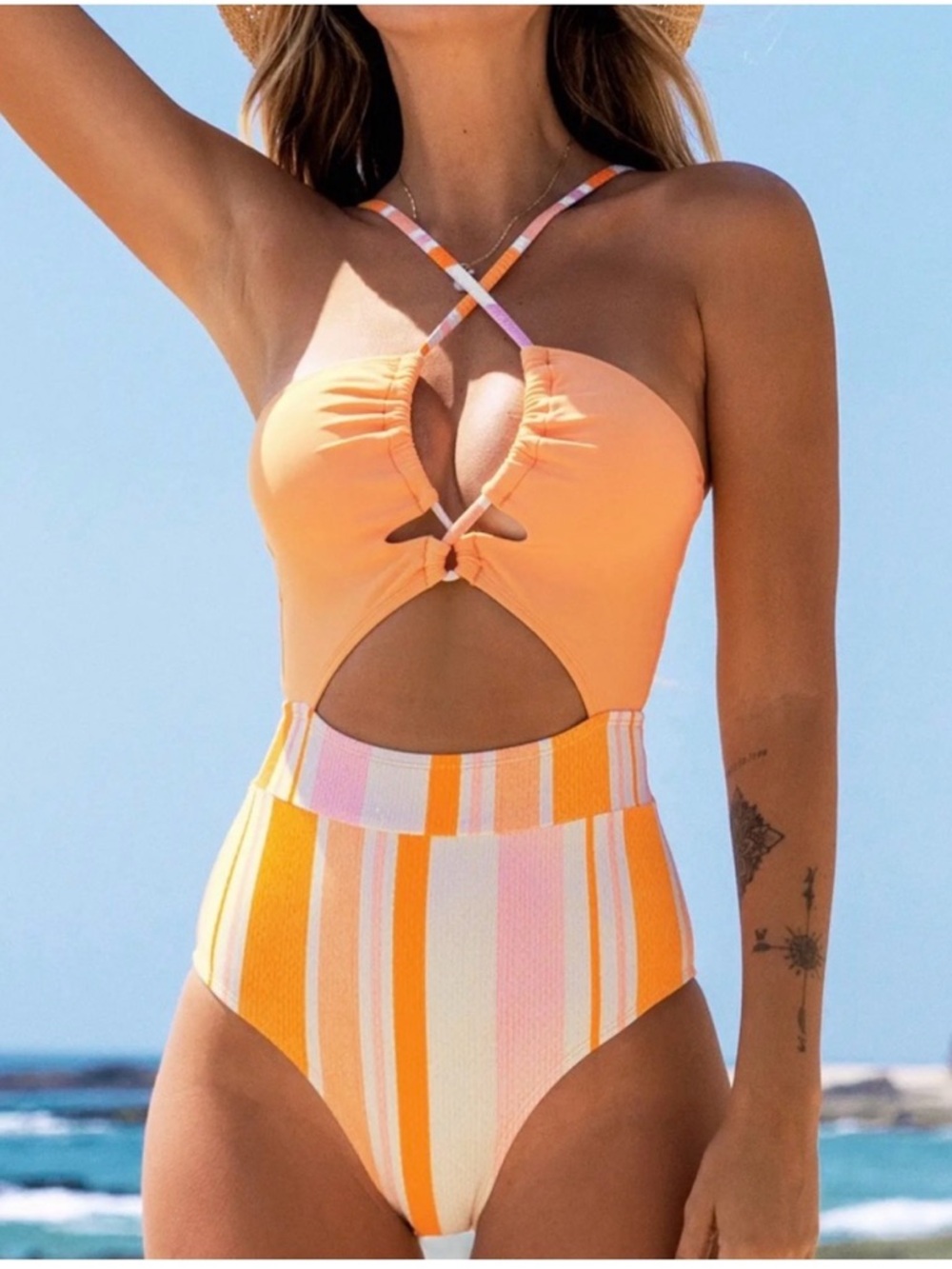 NWT Cupshe Happy Stripe Tunneled Cutout One Piece Swimsuit Sz M